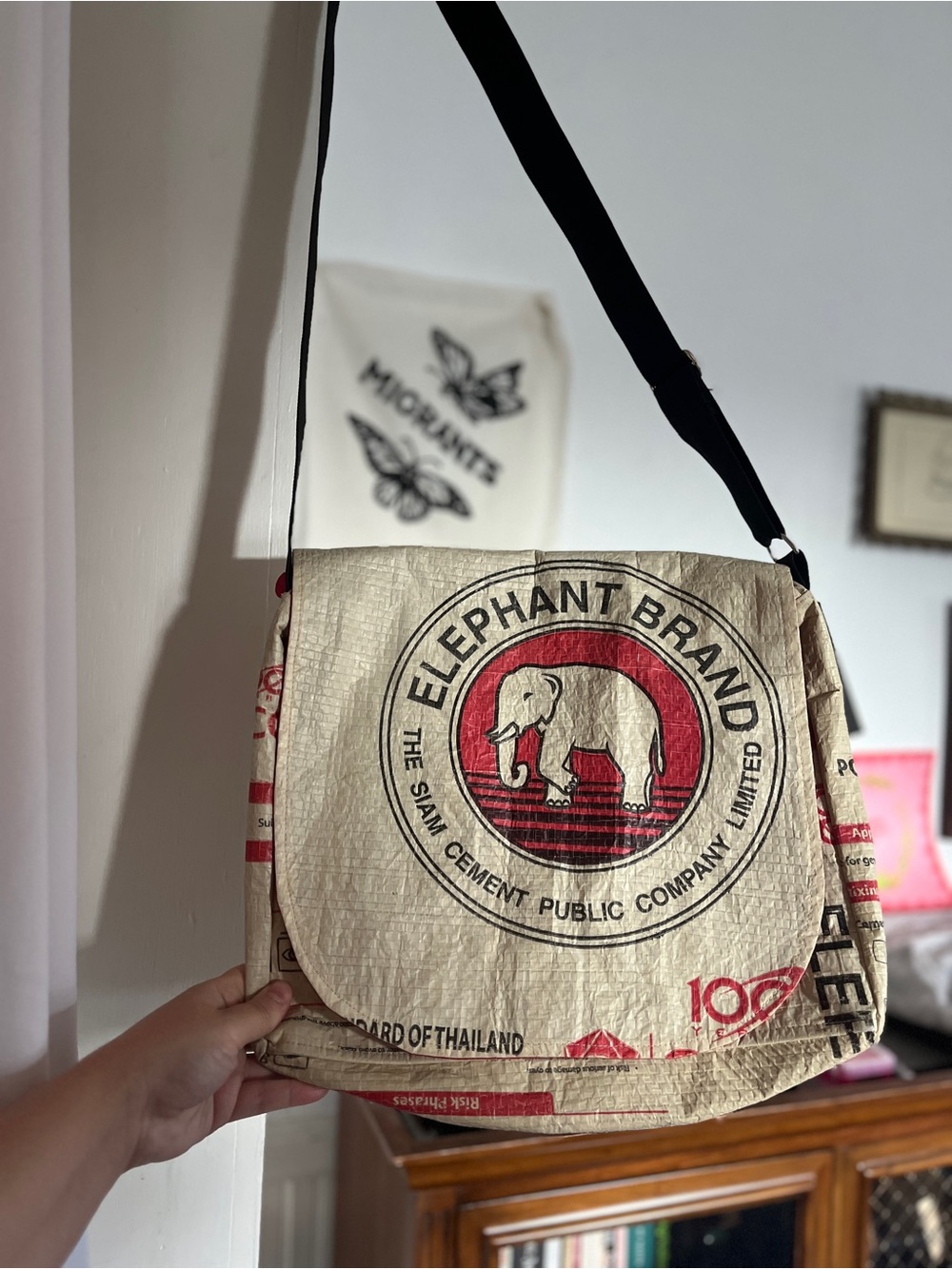 Upcycled Elephant Brand Cement Messenger Bag Handmade in Cambodia Malia Designs